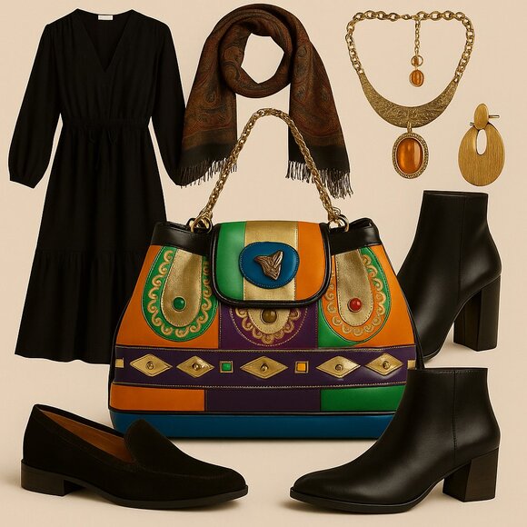 Renaissance Handbags - Vintage Renaissance Multicolor Handbag – Eclectic Boho-Chic Statement Bag